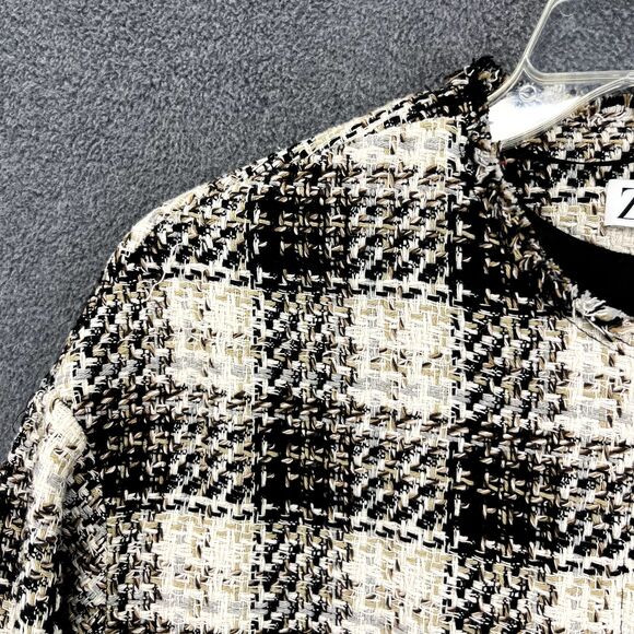 Zara Blazer Cropped Women Medium black beige Plaid Tweed Jacket Blogger Favorite - Picture 5 of 16